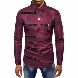 new Men's Shirt Vintage Rivet Stripe Lapel Lg Sleeve Slim Shirts Streetwear Man Gothic Evening Dr Shirts Ropa Gotica Hombre E4QK#