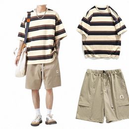 loose Stripe Tee Vintage T-Shirt Summer New Cott Streetwear Shorts Set Hip Hop Cargo Pants Print Joggers Fi Shirt b0mT#