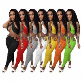sexy 2 Two Piece Sets Womens Vacati Outfits Summer Cross Halter Crop Top Hollow Out Pant Suits Club Wear New 2021 20bg#