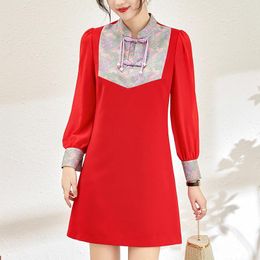 Casual Dresses Chinese Style Vintage For Women 2024 Spring Elegant Fashion Long Sleeve Woman Red Black Dress A-line Women's Clothing