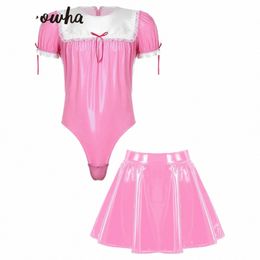 mens Maid Cosplay Costume Patent Leather Puff Sleeve Bodysuit Leotard Flared Skirt Sissy Crossdrer Party Dr Up Clubwear y3Lm#