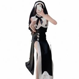 sexy Nun Cosplay Women's Lingerie Kawaii Black Hollow Out Dr Halen Passi Uniform Anime Maid Costume Suit q5a3#