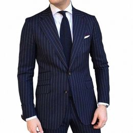 2 Piece Pinstripe Men's Suit Slim Fit for Formal Wedding Tuxedo Notched Lapel Navy Blue Striped Busin Groom Male Fi e0Az#