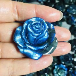 Sculptures Natural Labradorite Rose Flower Quartz Carving Decor Moonstone Polished Divination Healing Gift Reiki Feng Shui Gift 1pcs
