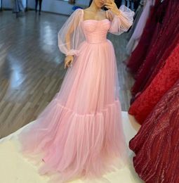 Pink Princess Long Evening Pagent Dress 2024 Sweetheart Tiered Tulle Puff Sleeves Prom Formal Party Gowns Robe De Soiree vestido fiesta