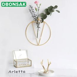 Planters Wall Hanging Geometric Wrought Iron Vase Glass Gold Plated Iron Flower Vase Tabletop Vase Flower Pot Home Wedding Decoration