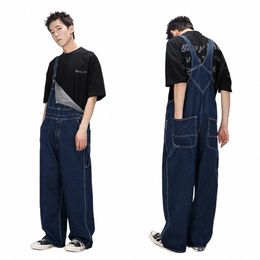 streetwear Men Retro Japanese Fi Bib Straight Denim Overalls Cargo Jeans Jumpsuit for Men and Women Full Length Trousers L1MB#
