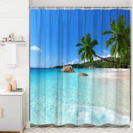 Shower Curtains Ocean Curtain Seaside Beach Palm Leaf Seascape Mediterranean Sea Waves Summer Sun Starfish Print Bathroom Decoration