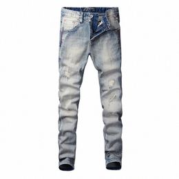 street Fi Men Jeans High Quality Retro Light Blue Stretch Slim Fit Ripped Jeans Men Patched Designer Vintage Denim Pants I8IV#
