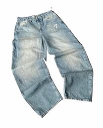 streetwear PROTECT Jeans Y2K mens Pants Harajuku Hip Hop Letter Embroidery Vintage Blue Baggy Jeans High Waist Wide Leg Trouser Z91W#