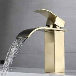 Bathroom Sink Faucets Waterfall Basin Faucet Deck Mounted Stainless Steel Gold Tap & Cold Water Mixer Vanity Vessel