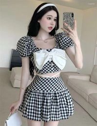Work Dresses 2024 Style Korean Cute Girl Plaid Puffy Sleeve Cropped Top High Waist Female A-line Pleated Skirt Sweet Women Two-piece Set