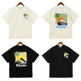 Fashion rhude T Shirt Summer American high street coconut palm truck print mens designer t shirt loose casual mens and womens couples with the same round neck tshirt