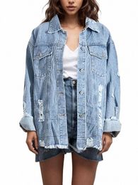 kbq Spliced Raw Hem Hollow Out Denim Jackets For Women Lapel Lg Sleeve Single Breasted Patchwork Pocket Chic Coats Female New B0Ul#