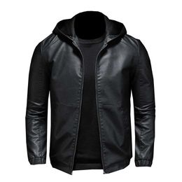 Men's Leather Faux Leather 2021 Casual Motorcycle PU Jacket Mens Winter Autumn Fashion Leather Jackets Male Slim Hooded Warm Outwear Fleece Clothing S-5XL 240330