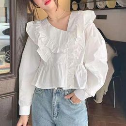 Women's Blouses Spring Autumn Solid Color Fashion Skew Collar Shirt Women High Street Casual Loose Button Blouse Pure Cotton All-match Tops