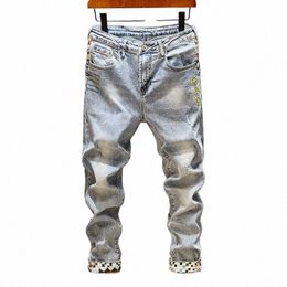 stitching Embroidered Printed Jeans Men's Cool Smart Street Fi Design Pattern Slim Fit Feet High-End Wed Trousers n6Fk#