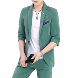 summer Suit Jacket Men Short Sleeve Single Butt Outerwear Korean Slim Solid Color Blazer Fi Casual Terno Masculino f8A8#