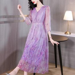 Casual Dresses 2024 Summer Silk Long Sleeve Luxury Vacation Dress Spring Boho Floral Elegant Beach Korean Vintage Evening Maxi Prom