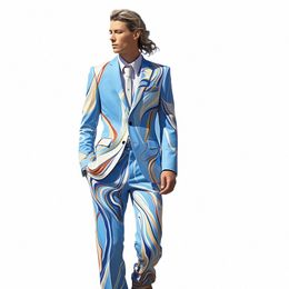 men's Fi Colour Block Lapel 3D Digital Printed Suit Casual Simple Lg Sleeve Suit Stage Nightclub Cool Performance Suits Q6r2#