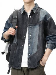 patchwork Denim Jacket Men Loose Fall Spring Casual Retro Jacket Denim Trend Cowboy Jean Coats Lg Sleeve Punk Outerwear A38 A5Oe#