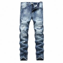 denim Pants Hole Ruined New Famous Brand Streetwear Mens Jeans Ripped Biker High Quality Straight Patch Jeans Plus Size Z6uN#