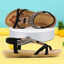 Sandals Rhinestone Womens 2024 Vintage Elastic Band Flat Shoes Soft Gladiator Bohemian Print Walking Luxury H24032844GB