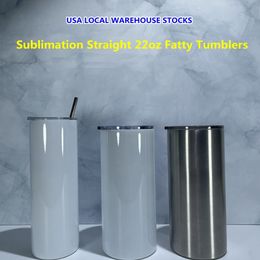 USA STOCKS Sublimation 22oz Straight Fatty Tumblers Stainless Steel Double Wall Insulated Vacuum Blanks White Skinny Water Bottle291S