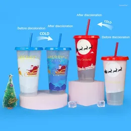 Mugs Water Bottle With Straws Lid Plastic Reusable Cold Color Changing Cup Drinking Juice Tumbler Christmas Gifts