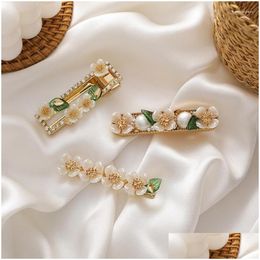 Hair Clips Barrettes Mwa Korean Green Leaf Hairgrips Jewelry Handmade Elegant Pearl Flower Hairpins For Women Gilrs Accessories Drop D Otcry