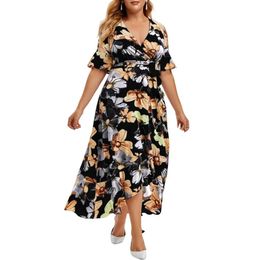 Bohemia Plus Size Dres High Waist Flower Printing Lace Up Irregular Hem Short Sleeves Loose Dress Summer 2023 240319