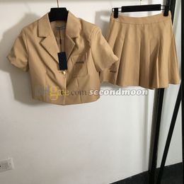 Women Short Suit Jacket Sexy Pleated Skirt Lapel Neck Coat Preppy Style Two Piece Dress