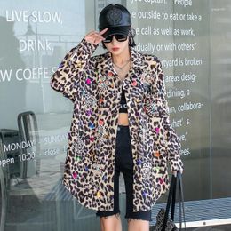 Women's Jackets Harajuku Vintage Pearl Beaded Diamonds Leopard Print Thin Shirt Jacket Women Loose Casual Lapel Long Sleeve Female Coat