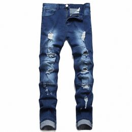 men Splicing Holes Retro Blue Biker Skinny Jeans Pants Hip Hop Street Style Male Stretch Denim Trousers For Men's W8G4#