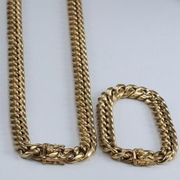 14K Gold Plated Men's Miami Cuban Link Bracelet&Chain Set Stainless Steel 14mm226W