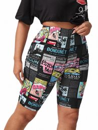 finjani Women's Plus Size Shorts Allover Carto Print Sports Shorts High Waist Casual Sports Shorts For Autumn & Summer Z7bW#