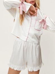 Home Clothing Women Cute Satin Pyjama Set Tie Bow Long Sleeve Button Shirt And Shorts Preppy Pjs Sleepwear Loungewear