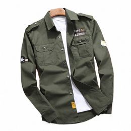 men's Shirts Military Casual Shirt Cott Khaki Retro Slim Fit with Pocket Lg Sleeve Vintage Jacket Streetwear Drop Ship H0Fu#