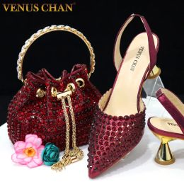 Boxes Venus Chan Pointed Toe Heels for Women 2023 Elegant Party Wine Color Full Diamond Pumps Italian Shoes and Bags Matching Set