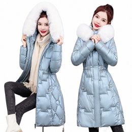 shiny W-Free Down Padded Jacket Women's Mid-Length 2022 Winter New Thickened Slim Fit Cott Coat Hooded Parka Mujer T702 o5oK#