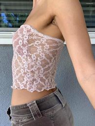 Women's Tanks Qianderer Women Floral Lace Tube Tops Backless Bandeau Crop Vintage Tie Up Spaghetti Strap Camisoles Sleeveless Cami