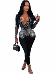 beyprern Sparkle Black Rhineste Lg Pants Jumpsuits Womens Autumn Lg Sleeve Crystal Rompers Nightclub Outfits Clubwear t5rY#