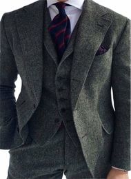 men's Suits 3 Pieces Grey Wool Herringbe Slim Fit Casual Formal Busin Groomsmen Tweed Tuxedos for Wedding Blazer+Pants+Vest W5KZ#