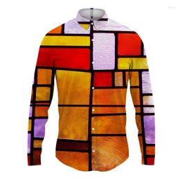 Men's Casual Shirts Style Fashion Trend Long Sleeve Shirt Square Mosaic 3D Printed Spring And Autumn