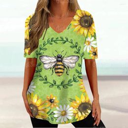 Women's T Shirts 3d Print Bee Floral Graphic Top Fashion Casual V-Neck Female Tees Loose Street Woman Clothing