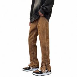 2022 Korean Fi Ankle Zipper Vintage Brown Men Jeans Pants Luxury Straight Hip Hop Casual Denim Trousers Pantales Hombre Y7o1#