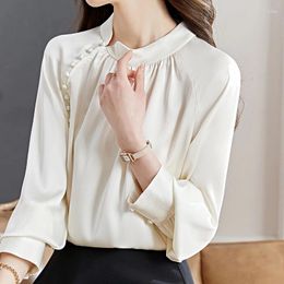 Women's Blouses QOERLIN Chinese Style Shirts For Women Spring Improved Oblique Buttons Temperament Lantern Sleeve Blouse Female Casual Tops