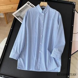 Women's Blouses KEYANKETIAN 2024 Launch Blue And White Striped Poplin Shirt Minimalist Single Breasted Oversize Loose Top