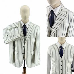 men's Suit 3 Pieces Blazer Vest Pants Single Breasted Peaked Lapel Tuxedo Stripes Slim Fit Wedding Groom Tailored Costume Homme s0gO#
