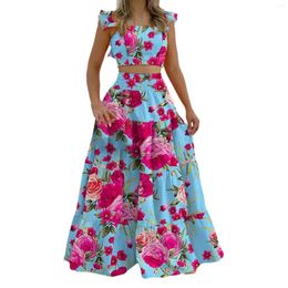 Casual Dresses Women Bohemian Flower Print Long Skirt Suit Sexy Sling Crop Top Elastic High Wasit Big Swing Ruffle Maxi Half Skirts 2 Piece